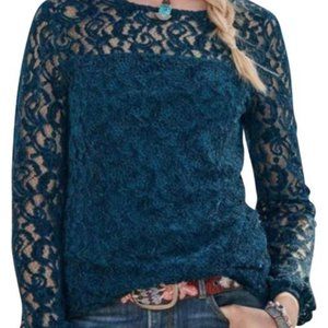 Sundance Dark Teal Chenille Lace Lined Pullover Top Sz LARGE